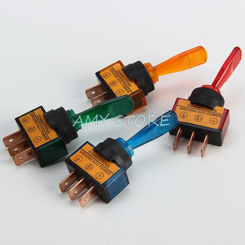 5pcs ASW-13D Automotive Car Truck Toggle Switch 3 Pin ON-OFF w Light Lamp DC12V 20A 12mm Mounting RedYellow Blue Green 3A 250VAC