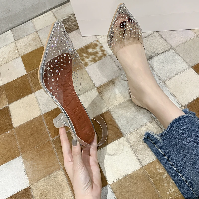 Women Pumps Luxury Transparent High Heels Sexy Pointed Toe Slip-on Wedding Party Crystal Slingback Shoes for Lady Dress Bling