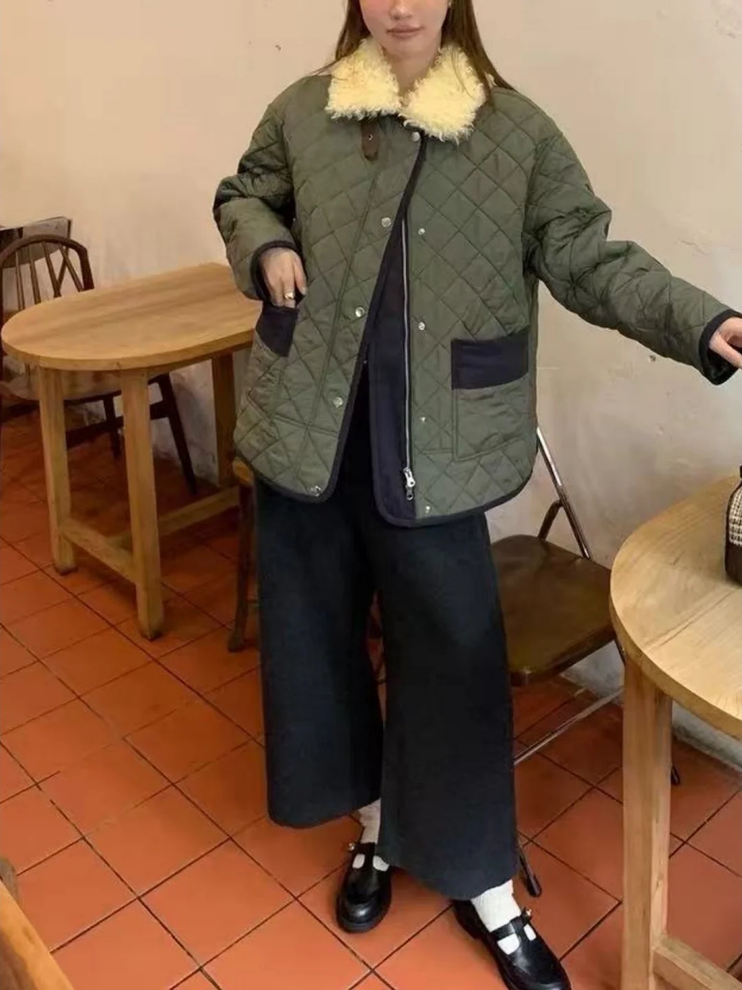 

Retro Detachable Fur Collar Patchwork Bunting Loose Cotton Jaet Coat Women's Military een Workwear Long Sve Stand Collar