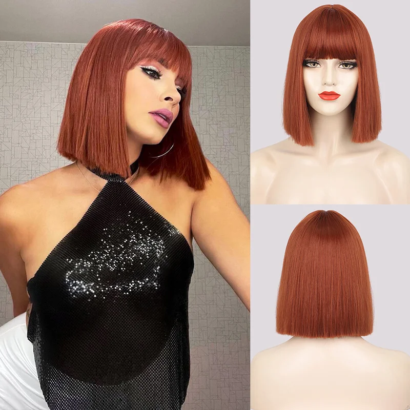 

Copper Red Natural Straight Short Heat Resistant Hair Dress Up Wigs With Bangs