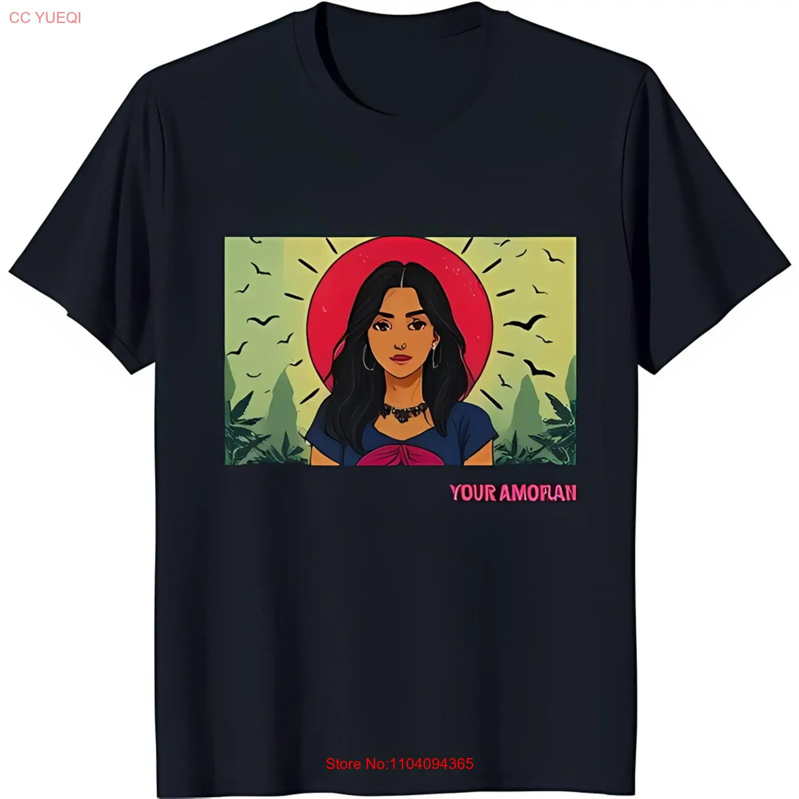 

Vibrant Black T-Shirt with Woman Illustration Red Sun & Birds 'Your Amorfah'