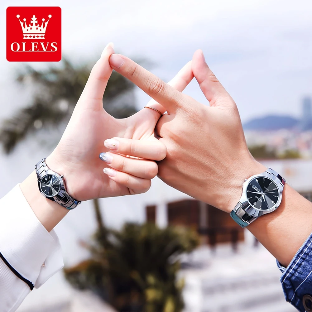 OLEVS-Montre à quartz en acier inoxydable pour couple, montre-bracelet à quartz miroir losange pour les amoureux, étanche, Shoous, date et semaine,