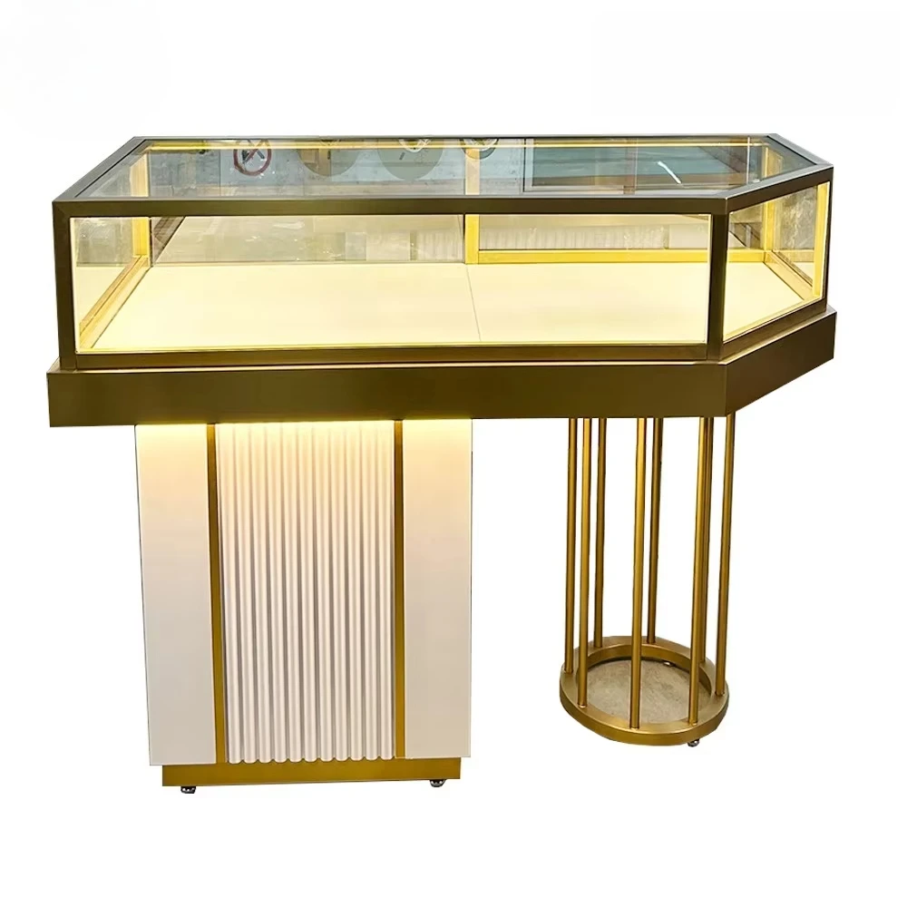 

High-End Stainless Steel Paint Jewelry Display Cabinet Elegant Wood Panel Jade Glass Counter for Commercial Furniture