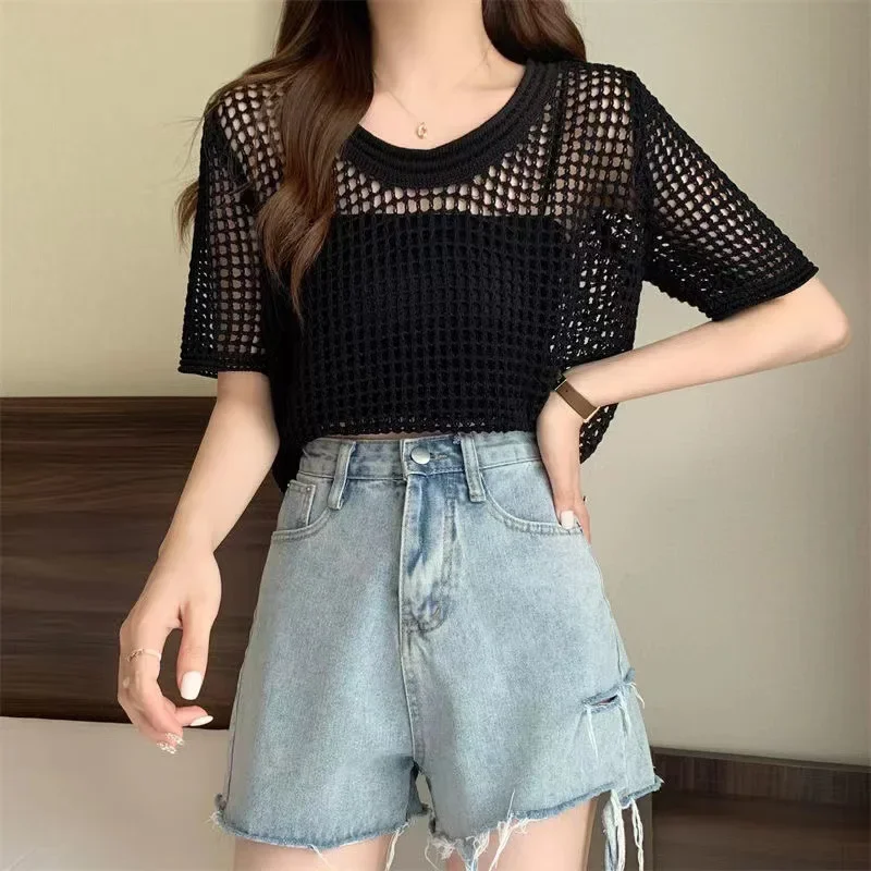 Girls Summer Fashion Tops Hollow Round Neck Coolred Short Sexy Blouse