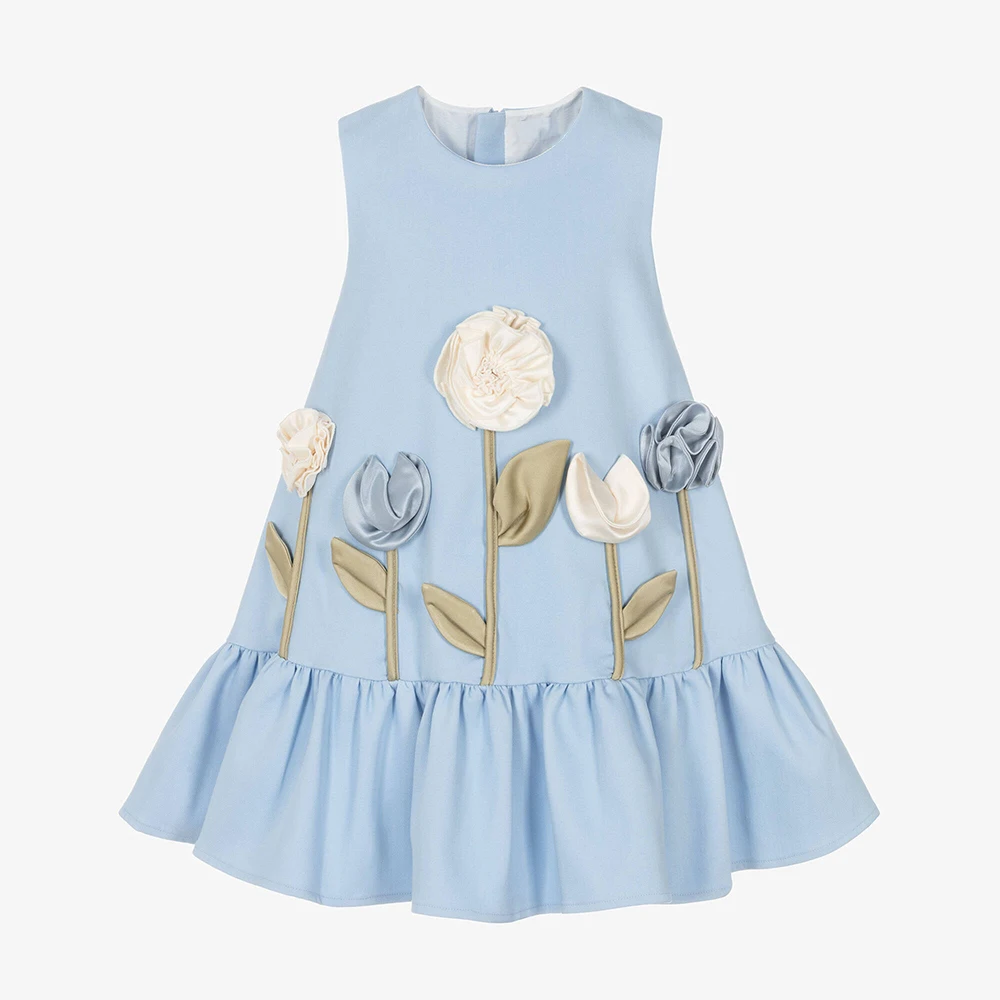 

Customized Baby Blue Satin Flower Girl Dress Flowers A Line Modern Girl's Birthday Dresses Knee Length O Neck Short Party Gowns