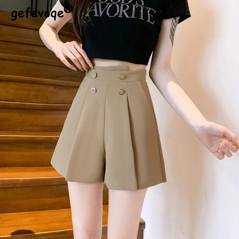 2024 Summer Women Korean Fashion High Waist Elegant Wide Leg Short Pants Office Lady Casual Pleated Solid Slim Chic Suit Shorts