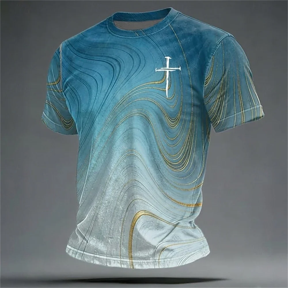 Lustiges 3D-Streifen-Print Herren-T-Shirt, modisches Kreuzmuster, Kurzarm-T-Shirt, Sommer, lässig, O-Ausschnitt, lockerer Pullover