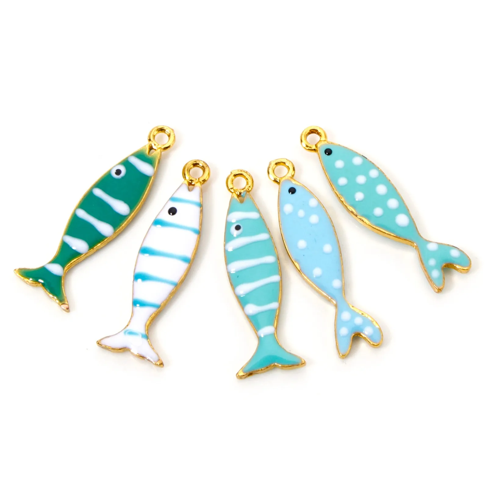 5 Stück Fisch, blau, grün, emaillierte Pailletten, Charms, Zinklegierung, Tieranhänger, DIY-Halskette, Ohrringe für Frauen, Schmuckzubehör – Detail 7
