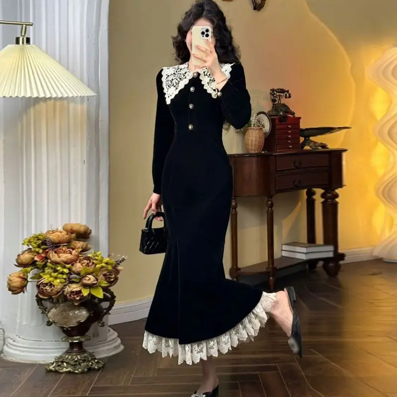 

Осень-зима, однотонное кружевное платье высокого качества с круглым вырезом и длинными рукавами, трикотажные платья, женская мода, облегающее платье «рыбий хвост» C315