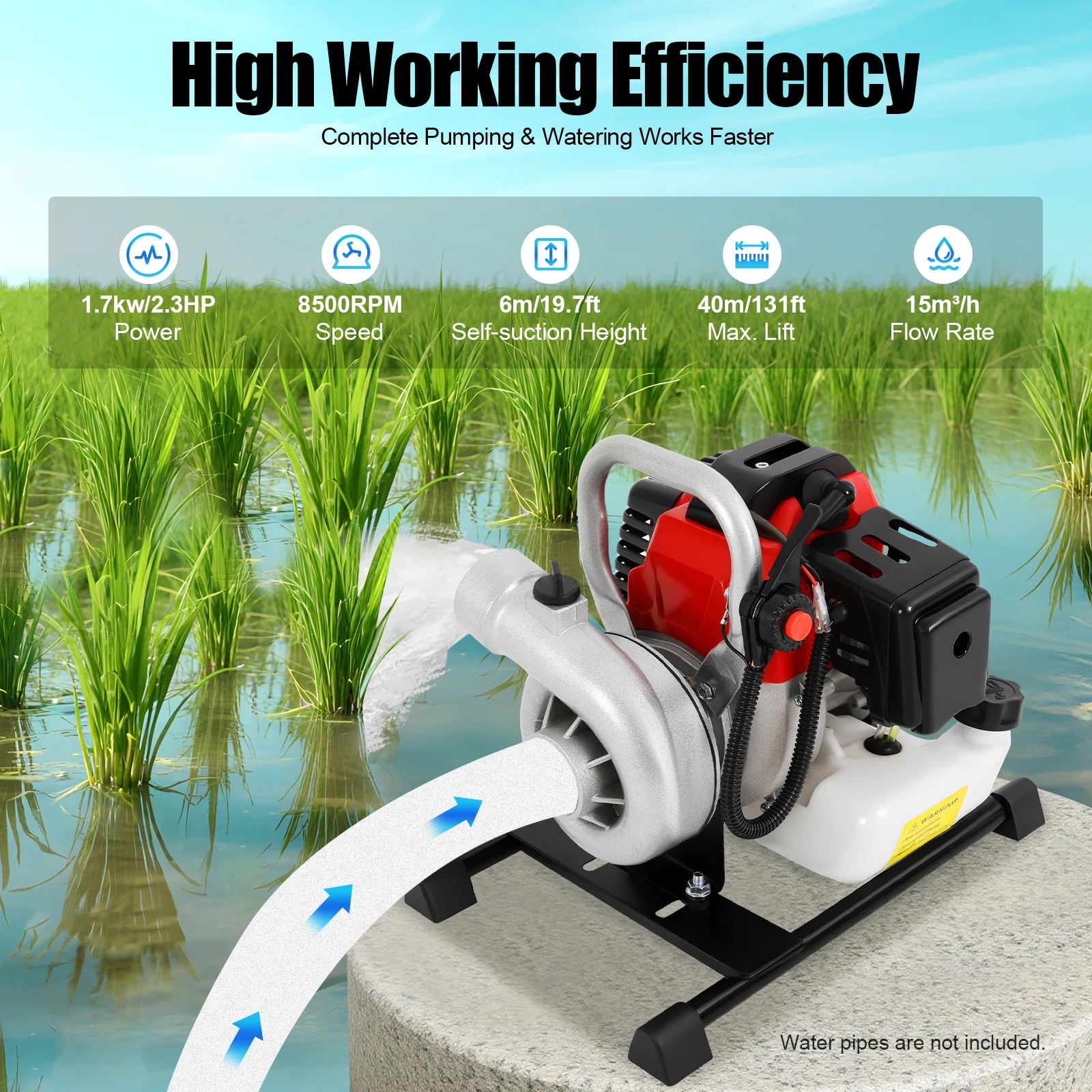 

Водяной насос, 2-тактный двигатель, 1700 Вт, 52CC, 0,26 галлона, топливный бак, стабильная работа для наполнения бака, орошения, стирки спринклеров