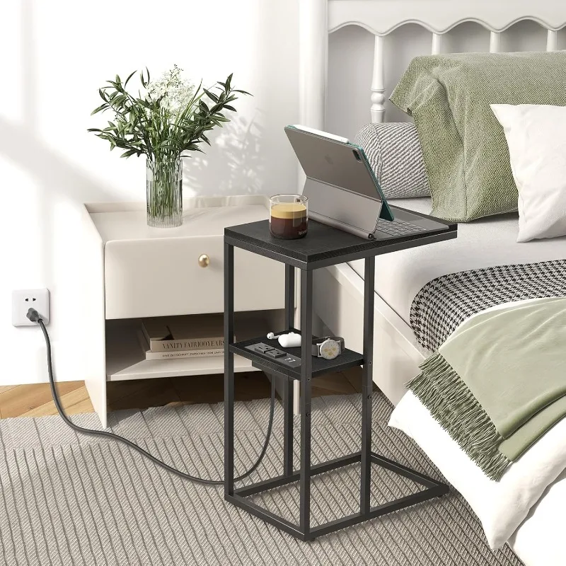 C Shaped End Table with Charging Station for Living Room, Bedroom, Sofa Table with USB Ports and Outlets for Small Space