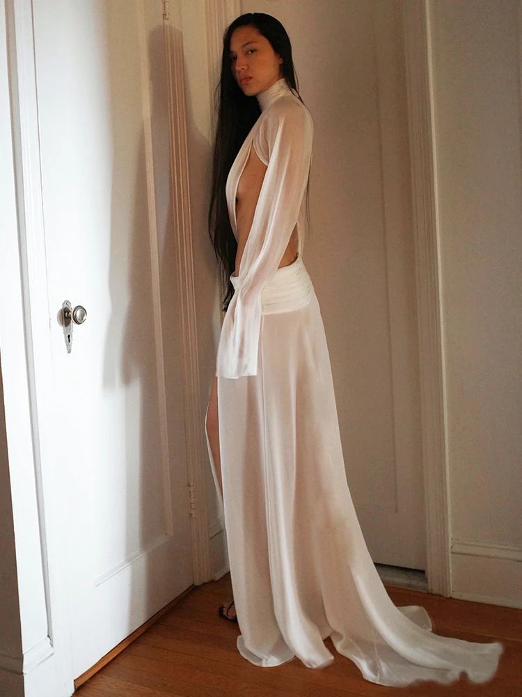Nibber Elegant 2-Piece Set Women See Through Turtleneck Irregular Crop Top+Skirts Matching Clubwear Matching Split Sexy Suit image 5