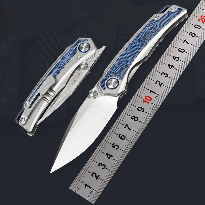 Free Wolf Blue Fairy 10CR15Mov Folding Knife Titanium Handle Flipper Bearing Outdoor Camping Survival Kitchen Pocket EDC Knife