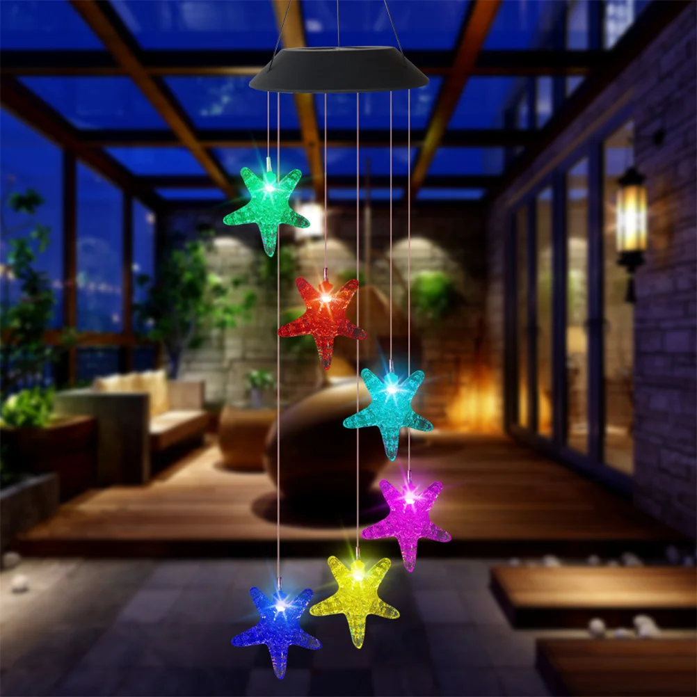 

Colorful Solar Wind Chime 6 Sea Stars Auto on Dusk Off Day Hanging Landscape Lights Outdoor Decor Solar Wind Chime Light