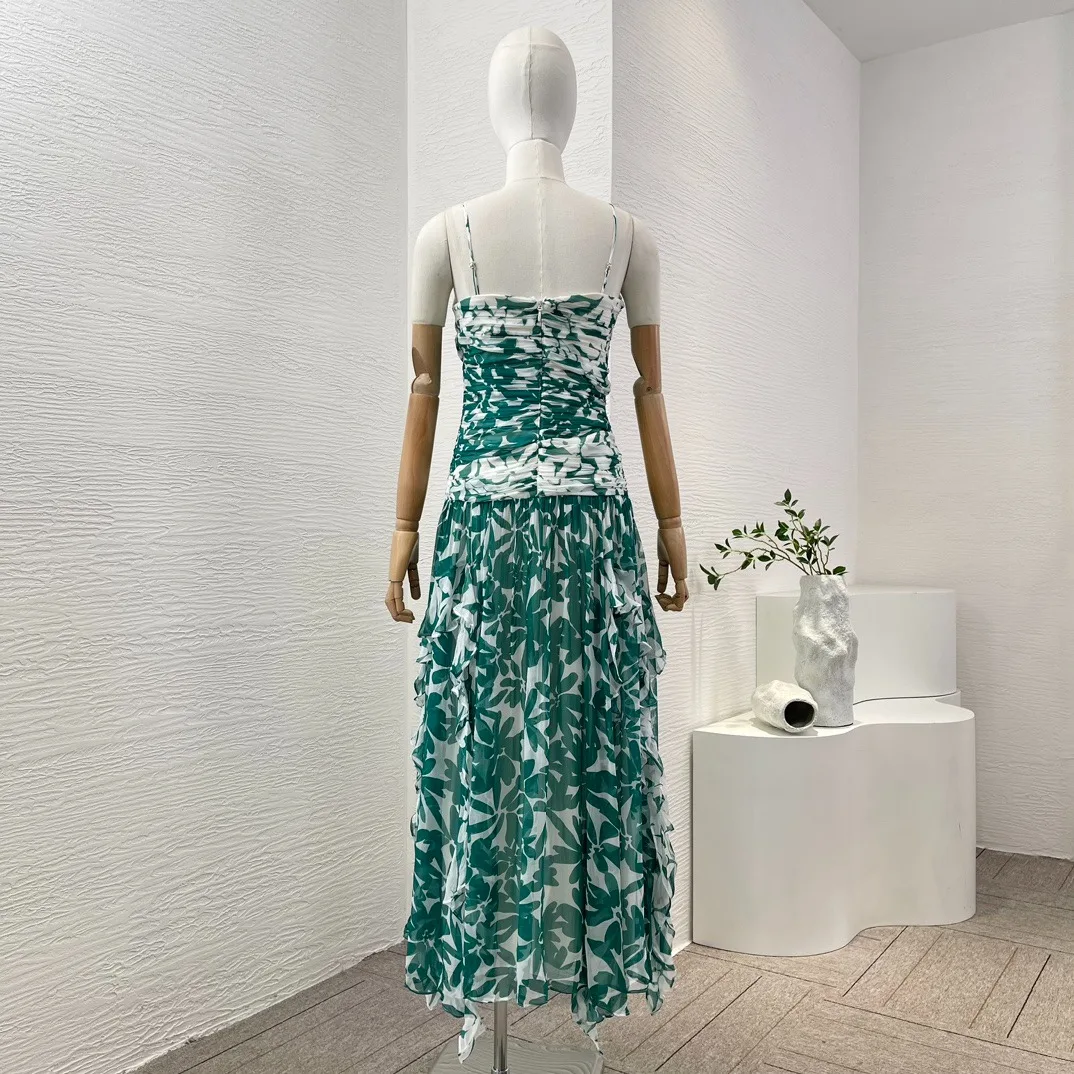 Green Floral Print Sleeveless Ruched Tube Midi Dress High Quality Strapless Vintage 2024 Spring Summer Sexy Sling for Woman