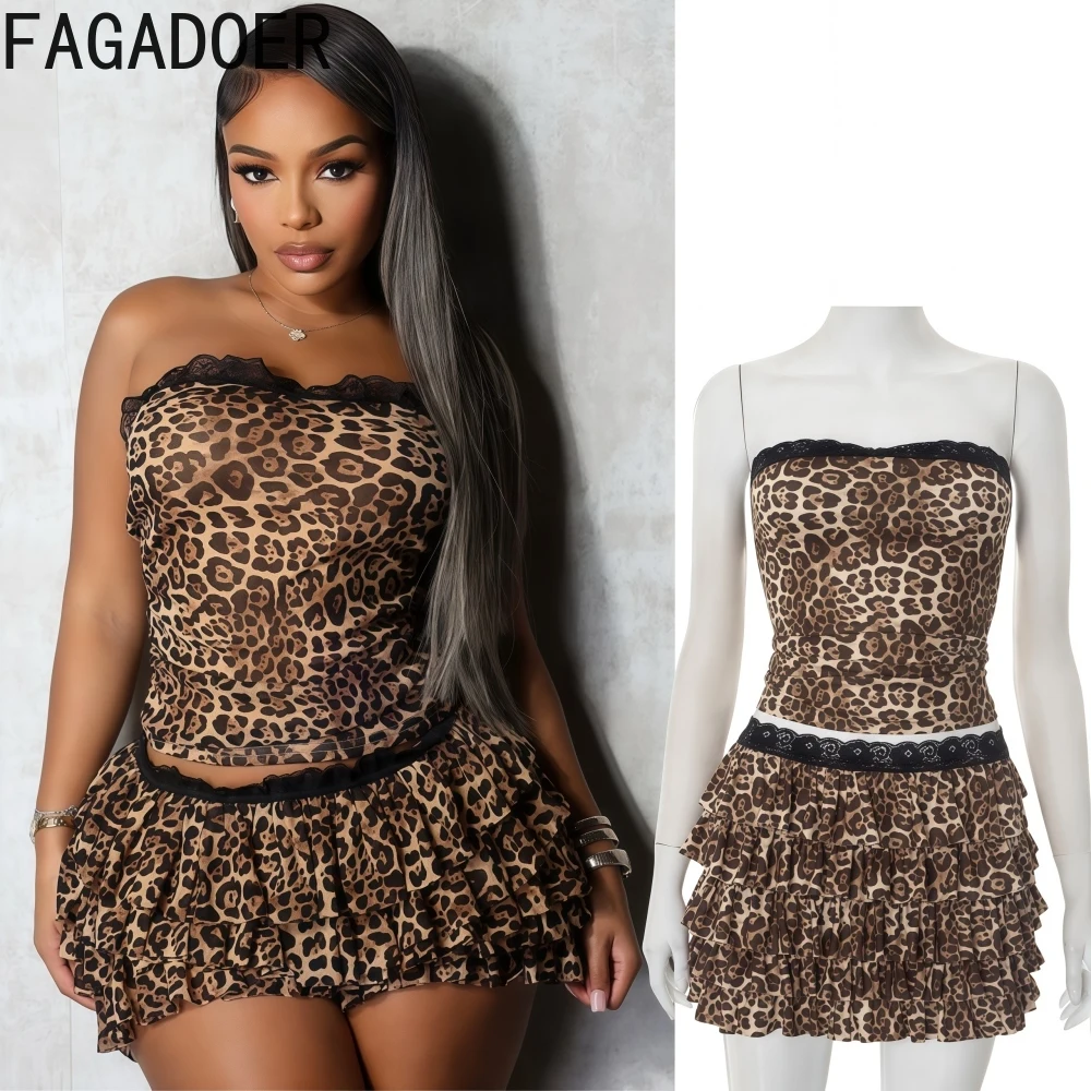 

FAGADOER Sexy Leopard Print Two Piece Outfits Woman Sleeveless Backless Lace Patchwork Crop Top + Pleated Skirt Suits Clubwear