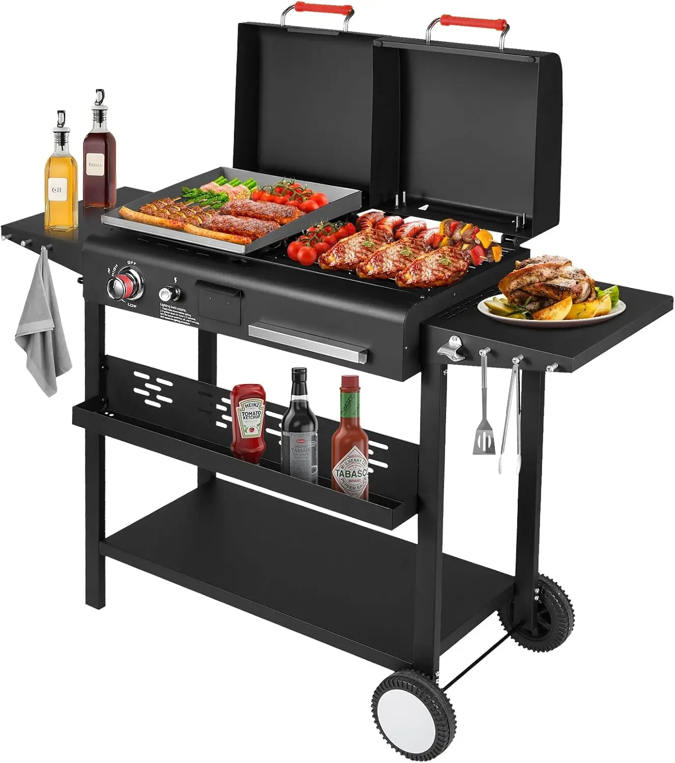 

Llamaviva Charcoal and Gas Grill Combo with Black Dual Lids,Dual Fuel Propane Gas Grill With 2 Side Shelves for Outdoor Kitchen