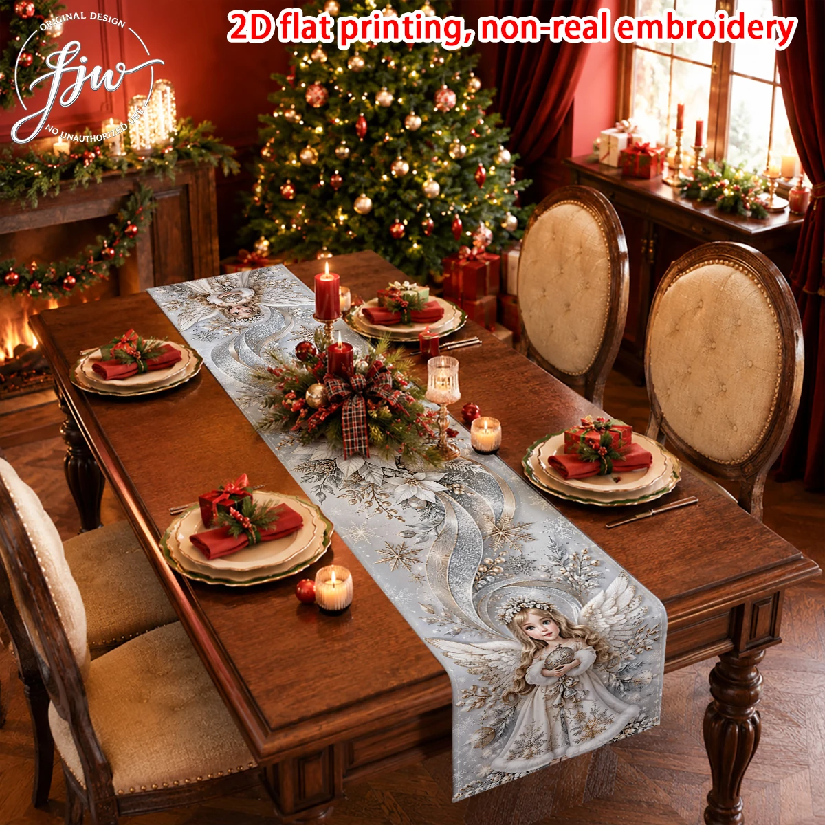 1pc Christmas Vintage Angel & Santa Table Runner, Holiday Dining Table Decor for Home Kitchen Party