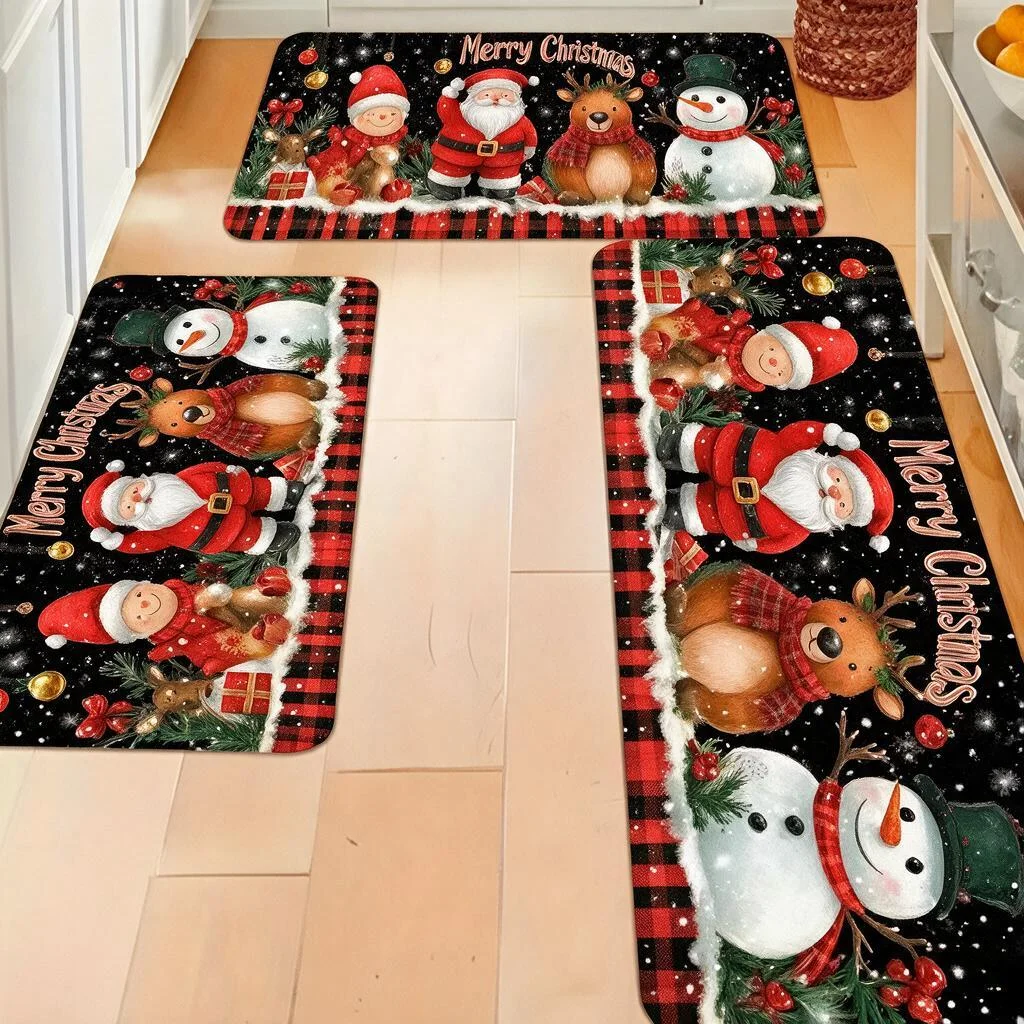 Christmas Kitchen Runner Rug Long Flannel Plush Floor Mat Non Slip Water Absorbent Soft Fluffy Rug for Bathroom Toilet Front Door