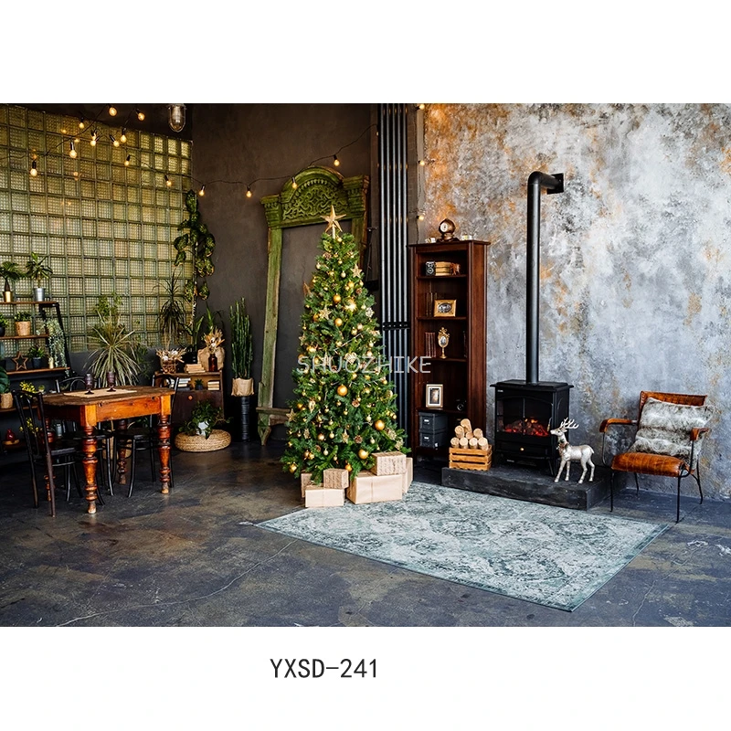 SHUOZHIKE عيد الميلاد موضوع داخلي التصوير خلفية شجرة عيد الميلاد الموقد الأطفال صورة لخلفيات الصور YXSD-08