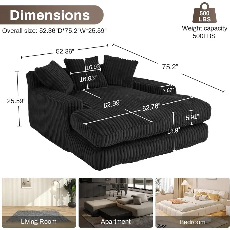 Oversized Chaise Lounge Chair, Comfy Corduroy Fabric Sofa, Upholstered Reading Floor Sofa with Pillows, Frameless Sofa Bed