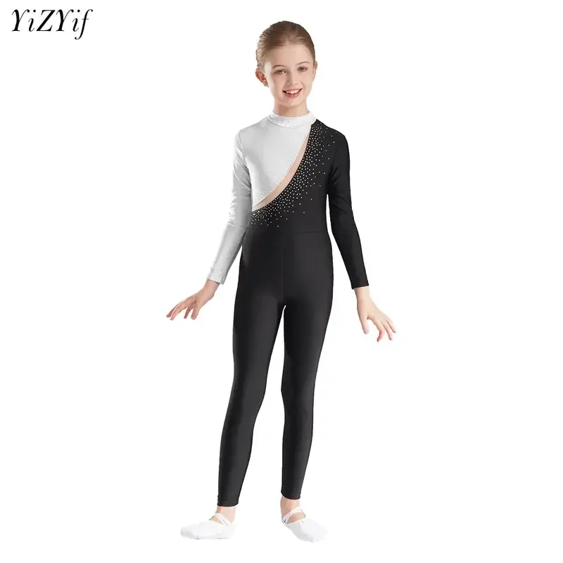 Kids Meisjes Strass Gymnastiek Ballet Turnpakje Lange Mouw Jumpsuit Kunstschaatsen Podiumwedstrijd Bodysuit