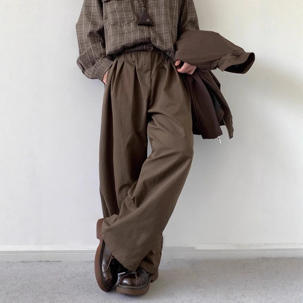

2025 Ретро однотонные базовые рабочие брюки унисекс кофейного цвета, свободные прямые модные универсальные длинные брюки элегантного дизайна