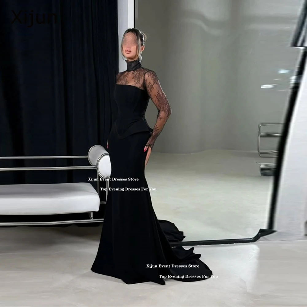 Xijun Sexy Black Crepe Evening Dresses High Collar Long Sleeves Saudi Arabia Formal Prom Dresses Corset Button Prom Gowns Custom