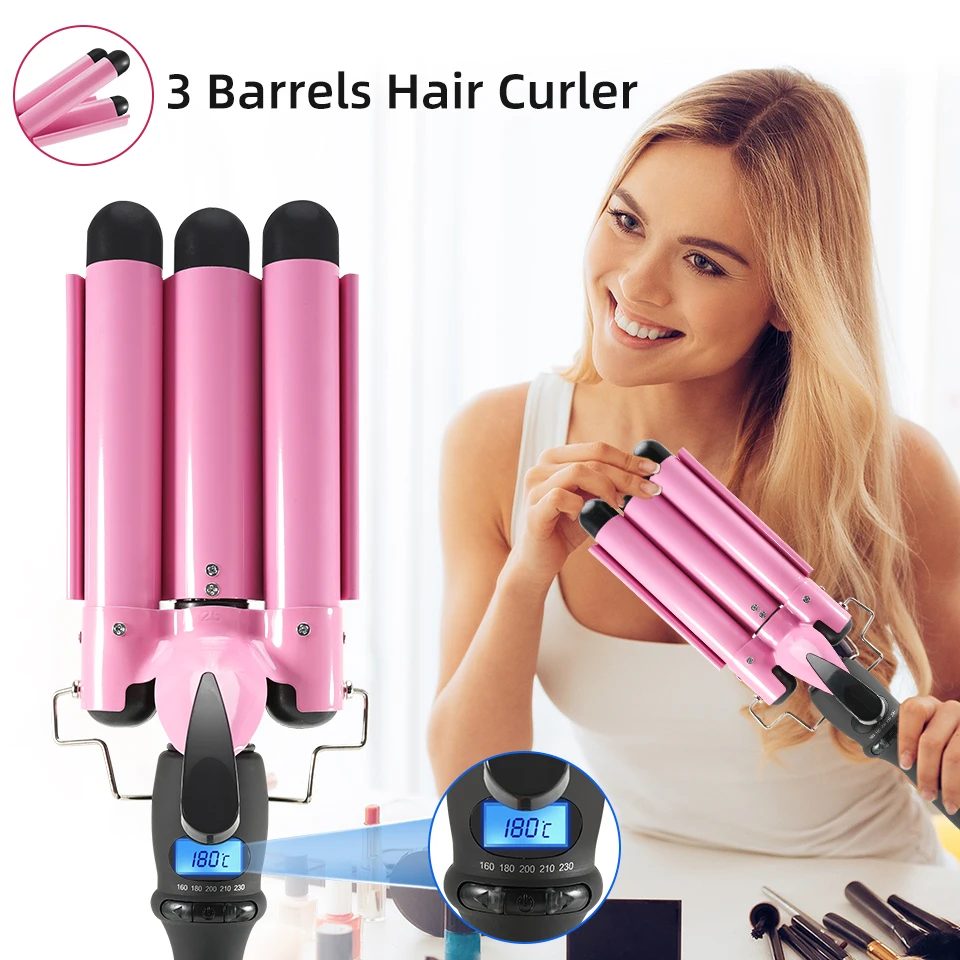 Electric Curling Iron Curling Wand with 3 Barrel Hair Waver Instant Heating Temp Adjustment LCD Hair Crimper Iron for Women