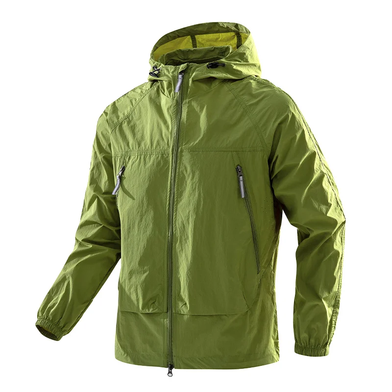 Men's Hooded Windbreaker Jacket - Ultra Light Summer Zipper Pocket Elastic Cuffs Suitable for Outdoor Hiking and Running