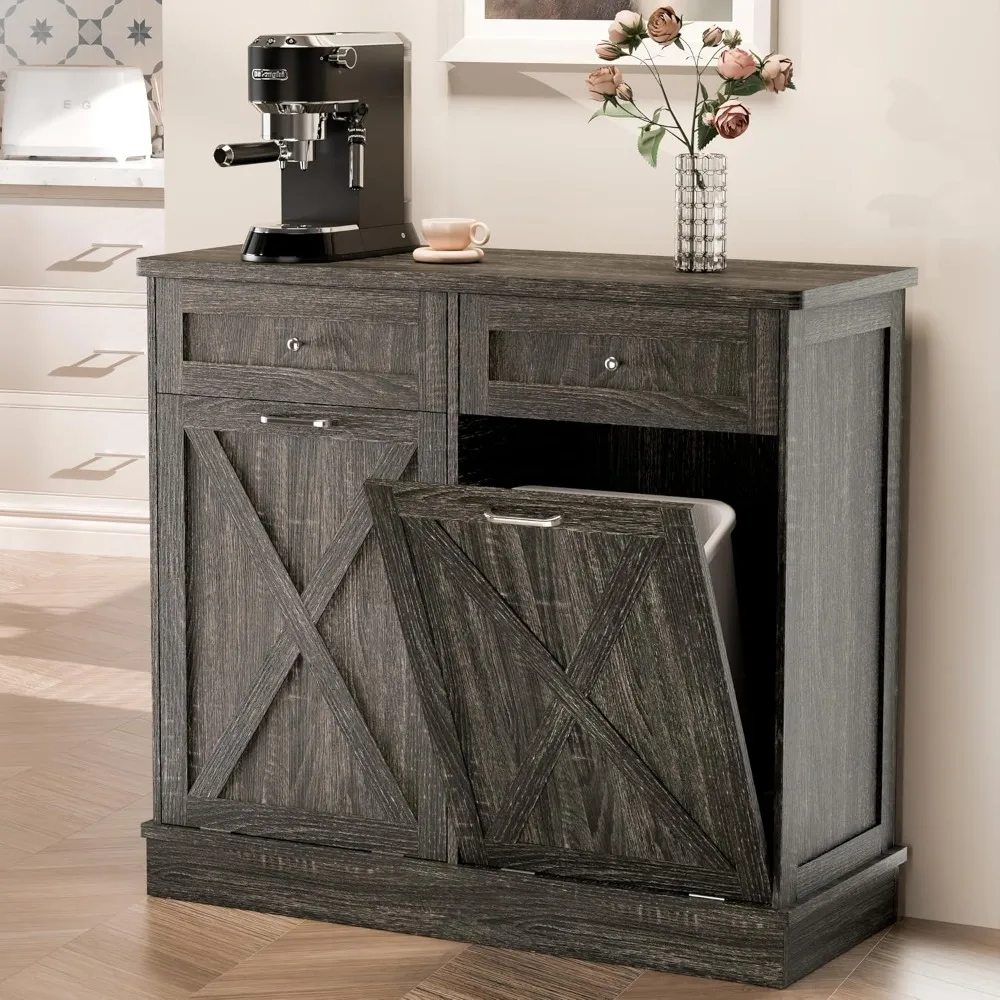

Double Tilt Out Trash Cabinet Free Standing 10 Gallon Wooden Dual Trash Can Cabinet with Barn Door for Farmhouse Kitchen