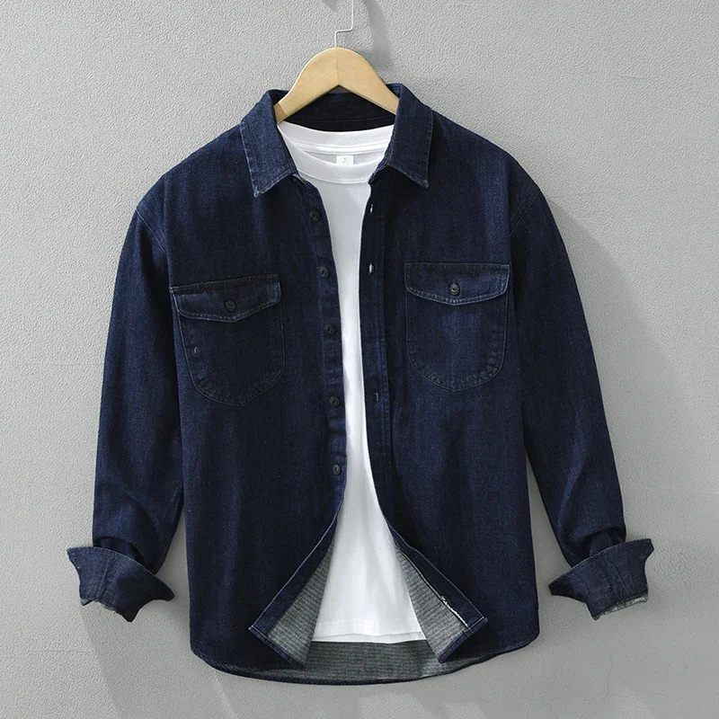 

2024 Spring New Men Denim Shirt Long Sleeve Soft Cotton Two Pockets Loose Elastic Jean Tops Cowboy Button Shirt