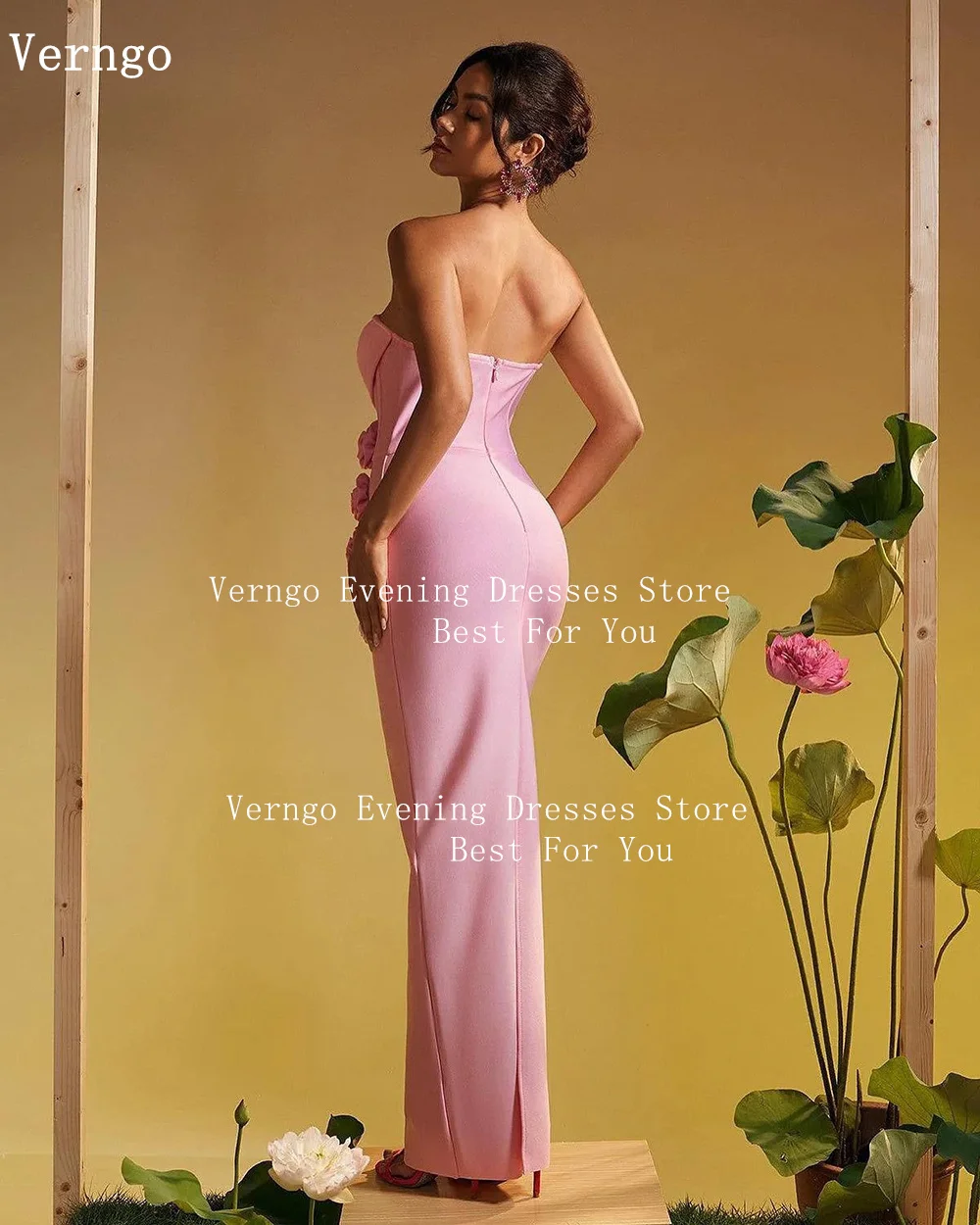 Verngo Pink Crepe Mermaid Prom Gown 3D Flowers Slim Evening Party Dress Sexy Zipper Back Long Prom Dresses Customized