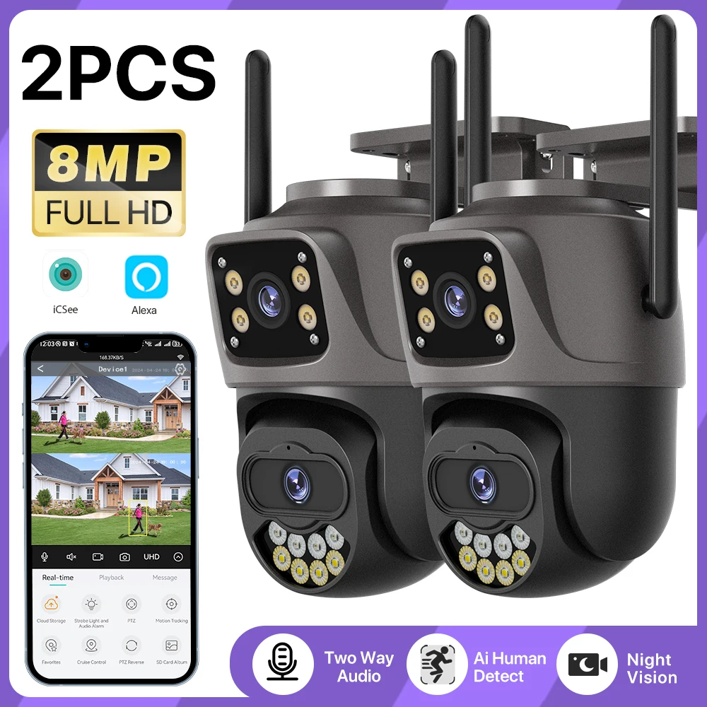 

8-мегапиксельная HD уличная PTZ-камера, внешняя Wi-Fi камера с двумя объективами, автоматическое отслеживание, защита безопасности, CCTV, аудио-видео наблюдение iCsee
