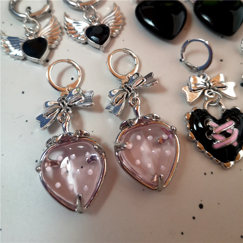 Goth Vintage Cute Bowknot Pink Strawberry Heart Star Pendant Earrings Egirl Gothic 2000s Y2K EMO Rave Jewelry Scene Accessories