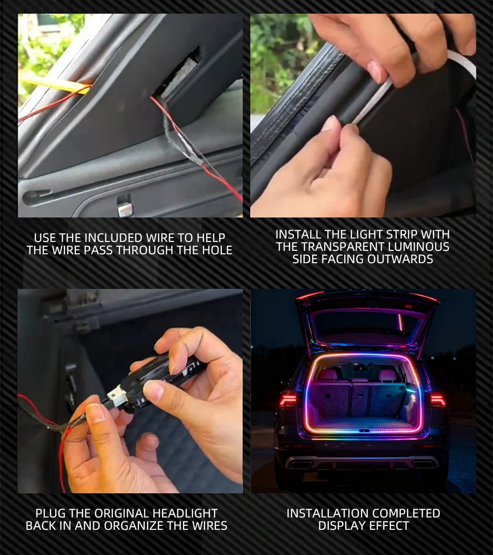 Dynamische Fließende Kofferraum-Lichtleiste für SUV 400cm Flexibler Mehrfarbiger RGB-Neon-Ambientebeleuchtung 12V App-Steuerung Umgebungslicht – Detail 18