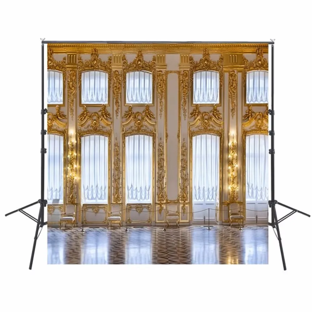 Cymbozin Interior Palace Photography Backdrops Printed Gold Mosaic Curtains Bright Windows Luxury Photo Studio Backgrounds