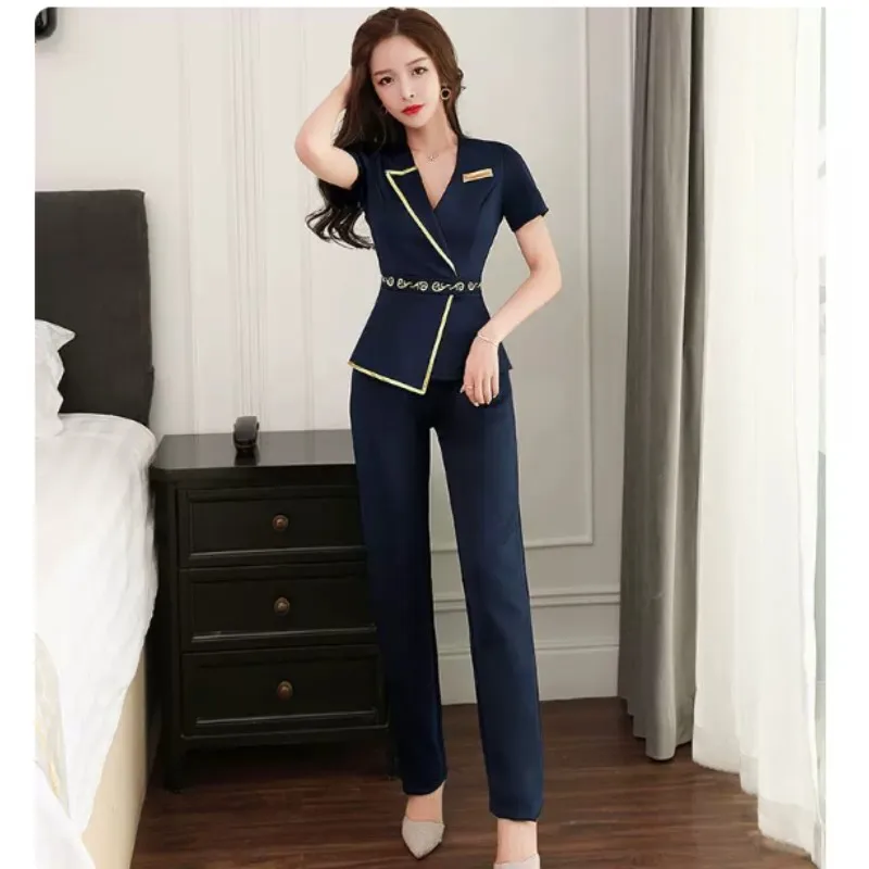 Beauty Uniforms Chinese Style Stretch Spa Salon Beautician Work Clothes Nail Massage Therapist Suit Tattoo Artist 2pcs Set