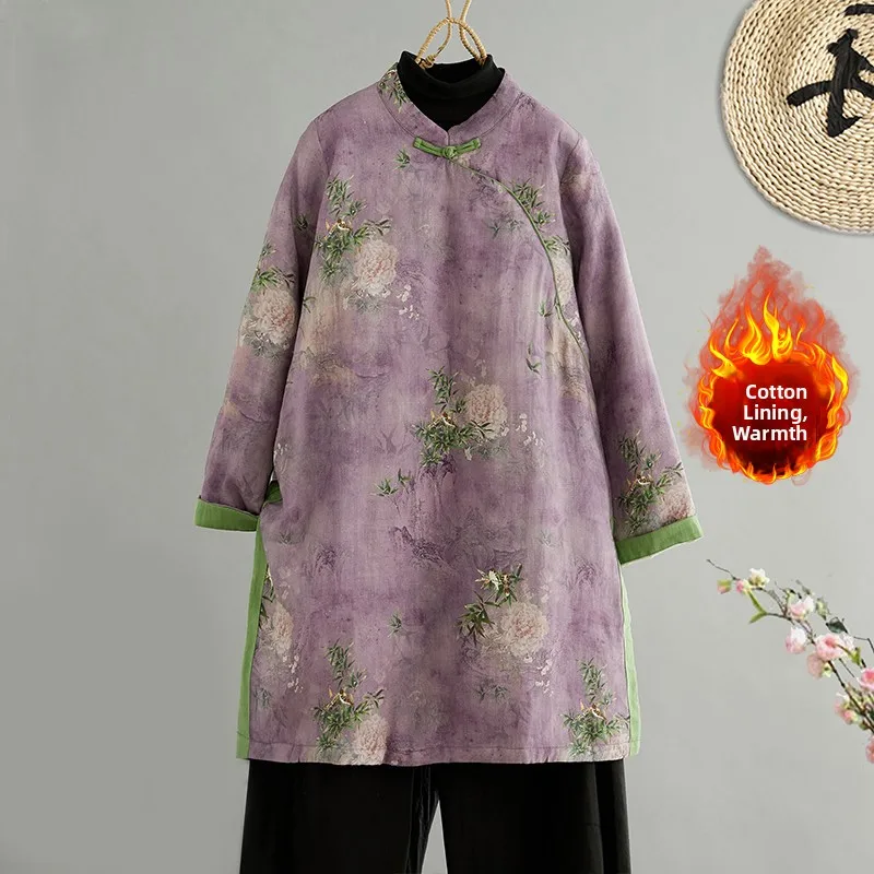 

Retro Chinese Sle Cotton Linen Print Qipao Dr Large Size Women's Winter Warmth Fork Mid-Length Cotton Clothes