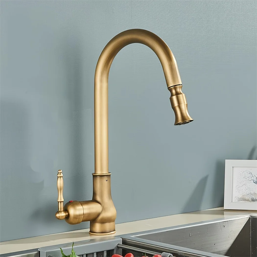 Household kitchen faucet brass single hole pull-out type, rotatable single handle, hot and cold function kitchen faucet