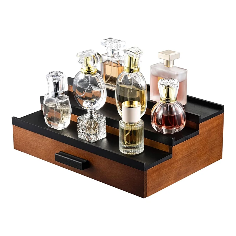 

ABWP-Wooden Cologne Organizer Shelf For Men Dresser, 3 Tier Display Stand With Drawer Storage Organizer Tray With Compartment