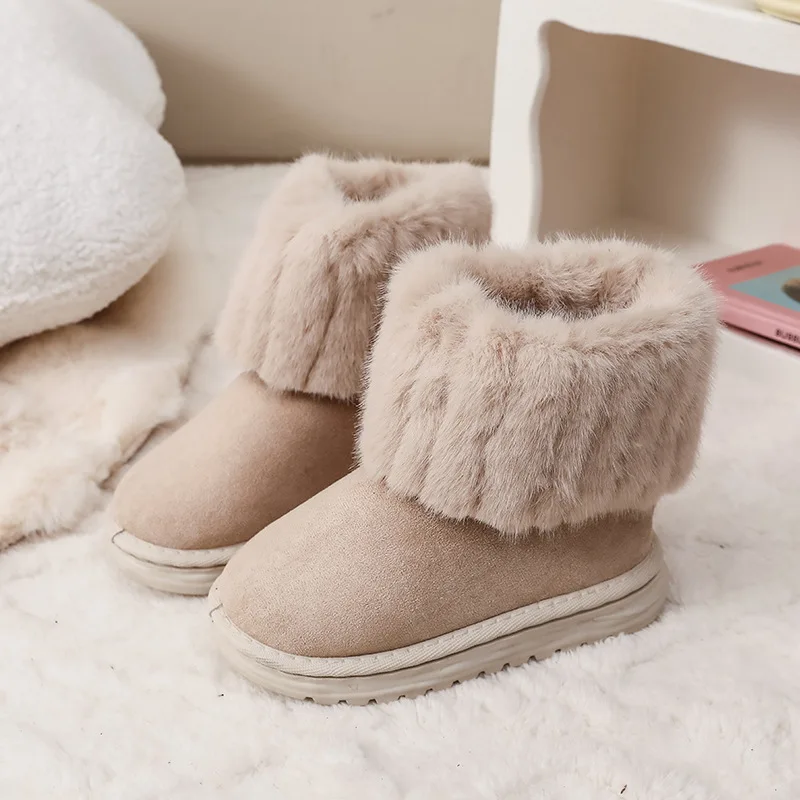 2026 Winter Classic Children Furry Snow Boots Beige Outdoor Girls Fashion Ankle Cotton Boots Warm Soft Kids Causal Ankle Boots