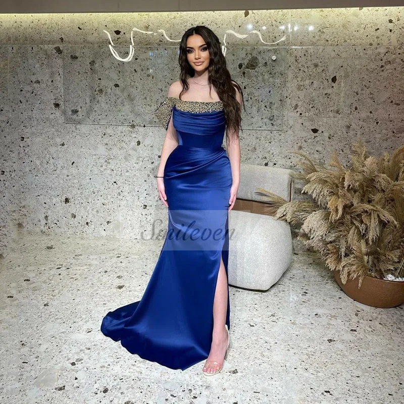 

Smileven Blue Beading Mermaid Evening Dress Sleeveless Pleats Prom Dresses Split robe de soirée Special Occasion Gowns