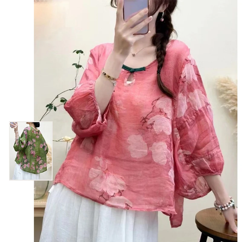 

V-Ne Lantern Sve T-irt Loose Fit Large Size Women's Clothing Cotton Linen Print round Ne Button up Floral Top Thin