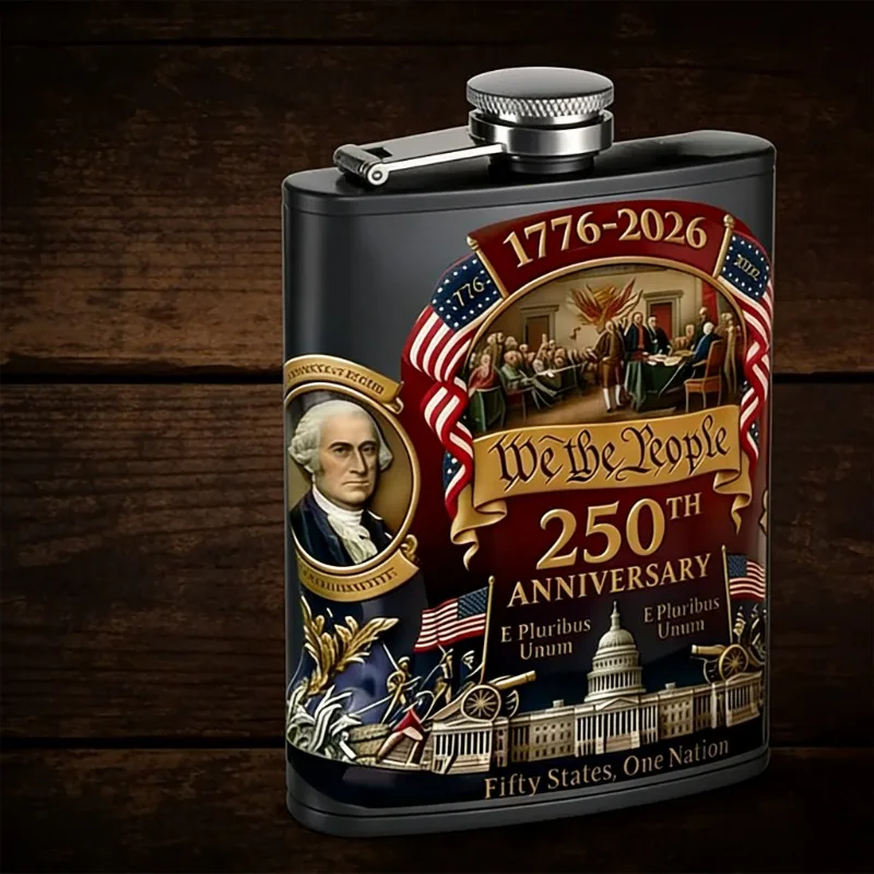 

Vintage 250th Anniversary Stainless Steel Hip Flask Patriotic Historical Pattern Liquor Flask for Men Gift