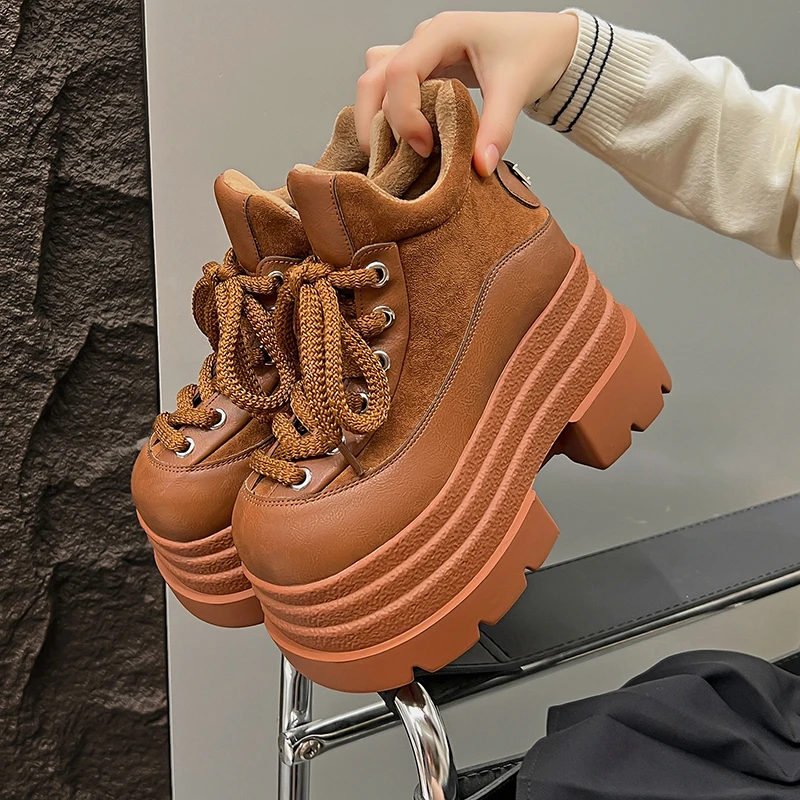 

New 2025 Women Thick Heels Leather Sneakers Ladies Plush Winter Warm Snow Boots Fashion 10CM High Platform Cotton Shoes Pumps