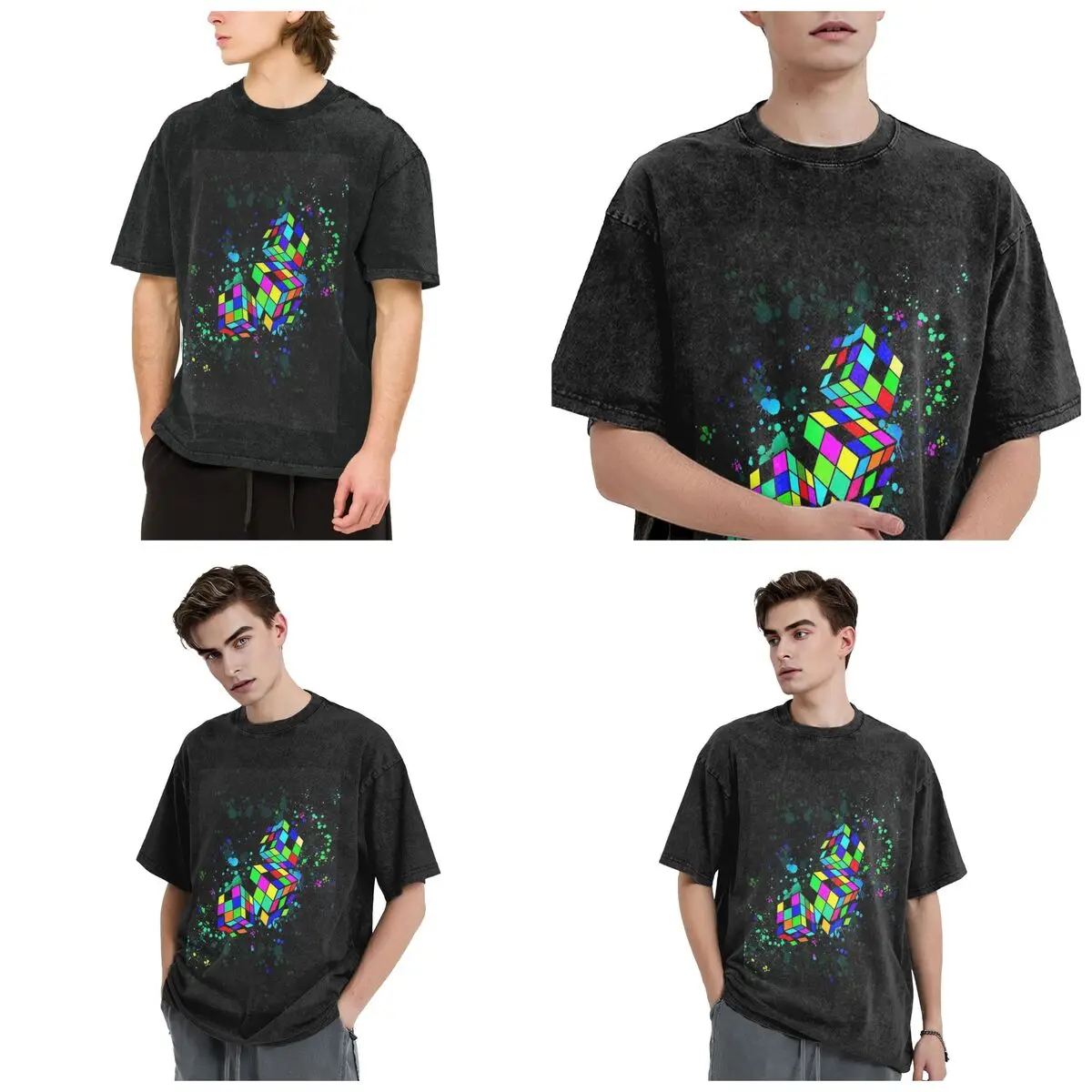 Rubix Rubiks Rubics Hip Hop Short Sleeve T-Shirts Washed Tops Tees Streetwear T Shirt Printed for Men Women