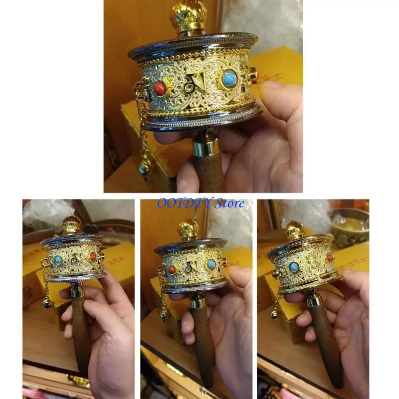 367A Carvings Hand Cranking Prayer Wheel with Pendants Tibetan Buddhist