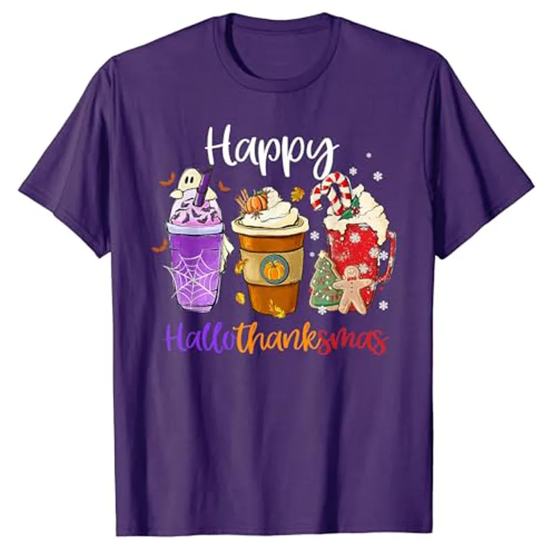 Happy Hallothanksmas Coffee Latte Halloween Thanksgiving Costume T-Shirt Gifts Fall Autumn Lover Graphic Tee Short Sleeve Tops