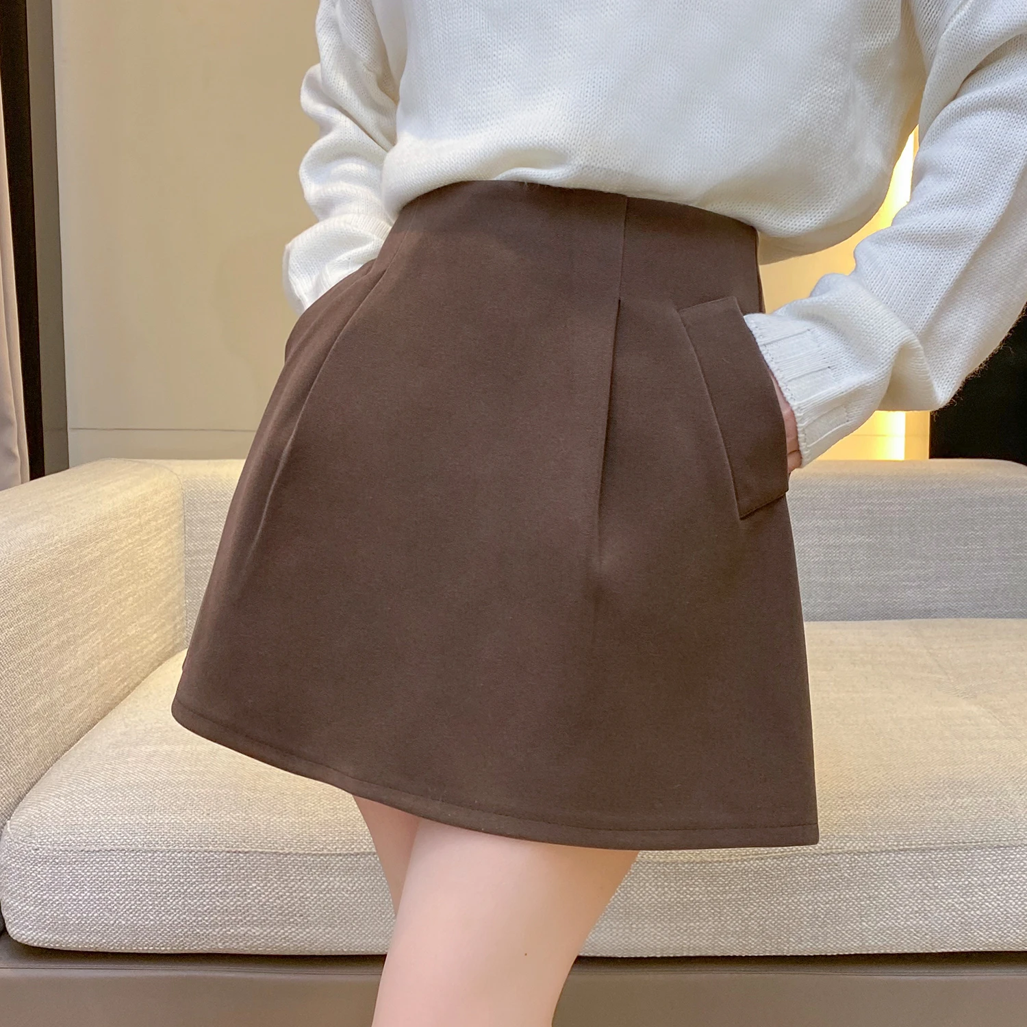 High Waist Umbrella Skirt Women's New Style Woolen Material Autumn Winter A-Line Flower Bud Half Skirt Pants Business City Co...